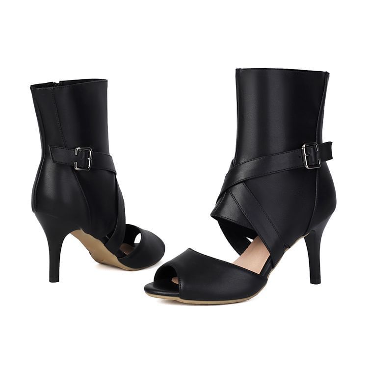 Stiletto Peep Toe Plain Buckled Faux Leather Short Boots