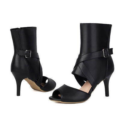 Stiletto Peep Toe Plain Buckled Faux Leather Short Boots