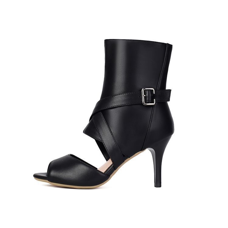 Stiletto Peep Toe Plain Buckled Faux Leather Short Boots
