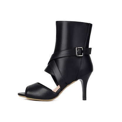 Stiletto Peep Toe Plain Buckled Faux Leather Short Boots