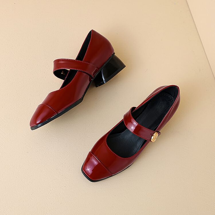 Chunky Heel Plain Patent Leather Mary Jane Pumps