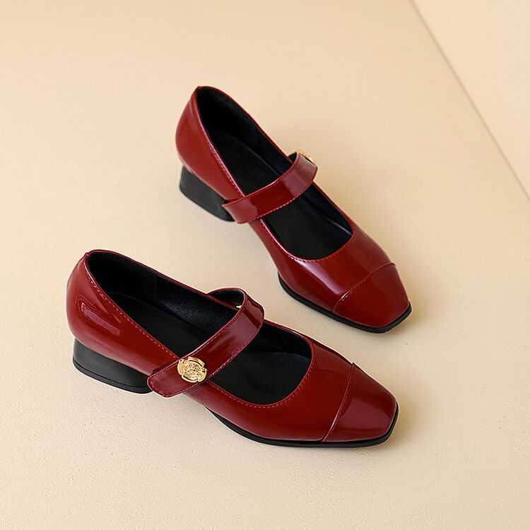 Chunky Heel Plain Patent Leather Mary Jane Pumps