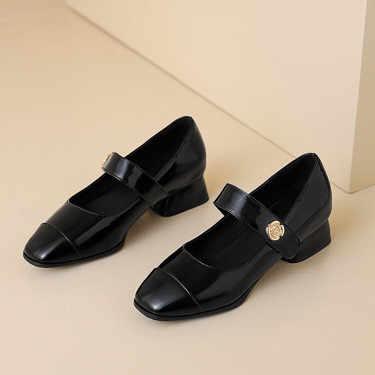 Chunky Heel Plain Patent Leather Mary Jane Pumps