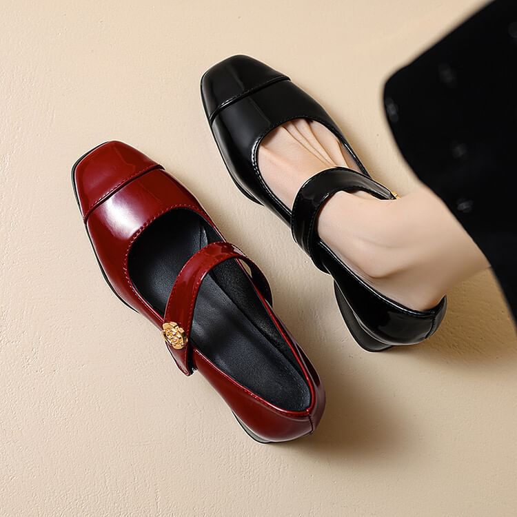 Chunky Heel Plain Patent Leather Mary Jane Pumps