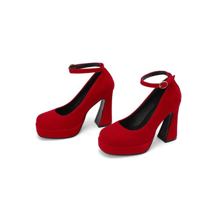Chunky Heel Ankle Strap Plain Pumps