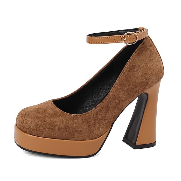 Chunky Heel Ankle Strap Plain Pumps
