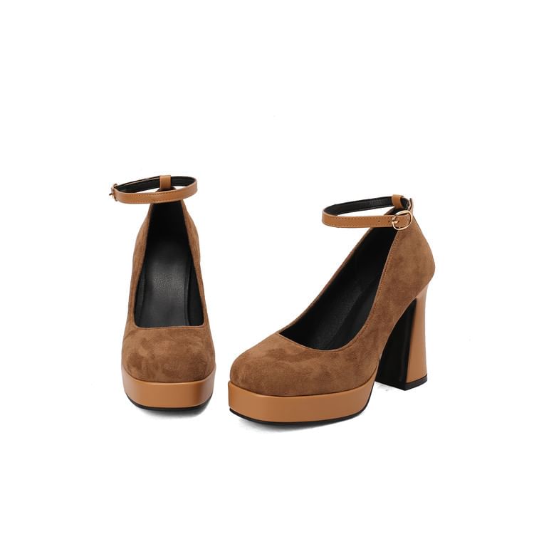 Chunky Heel Ankle Strap Plain Pumps