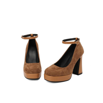 Chunky Heel Ankle Strap Plain Pumps