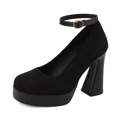 Chunky Heel Ankle Strap Plain Pumps