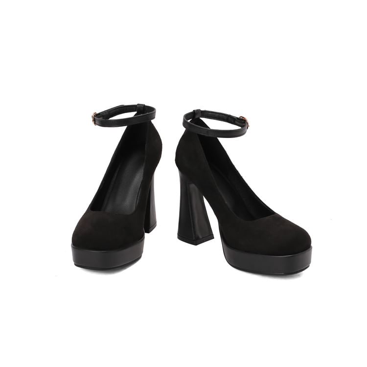 Chunky Heel Ankle Strap Plain Pumps