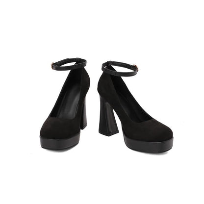 Chunky Heel Ankle Strap Plain Pumps