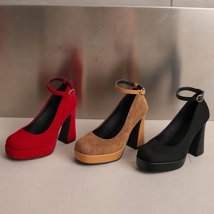 Chunky Heel Ankle Strap Plain Pumps