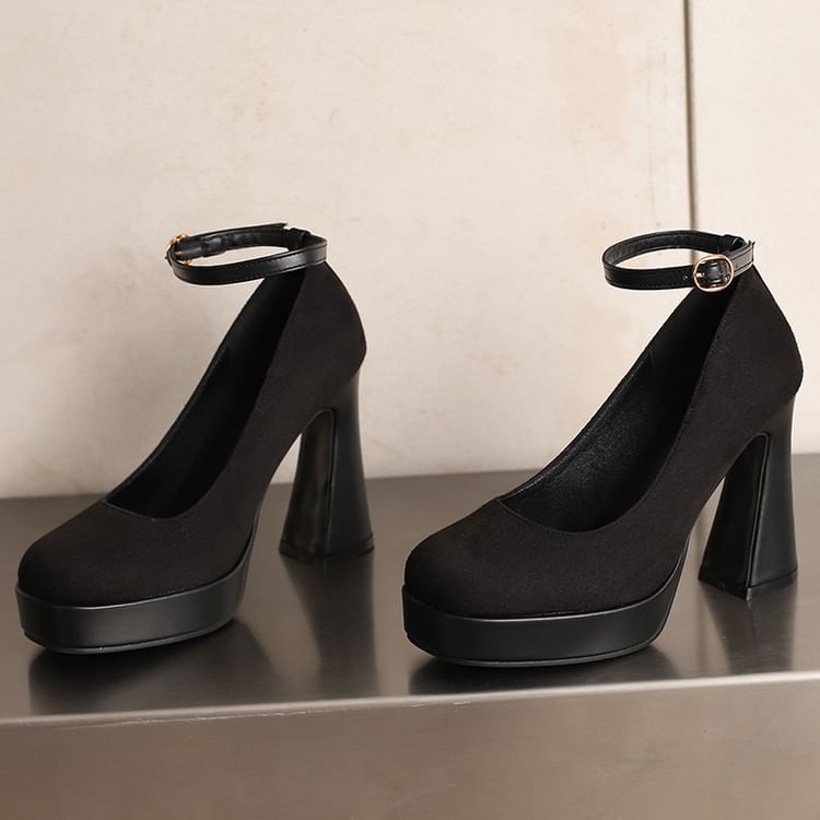 Chunky Heel Ankle Strap Plain Pumps