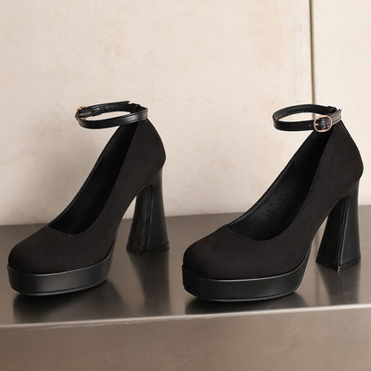 Chunky Heel Ankle Strap Plain Pumps
