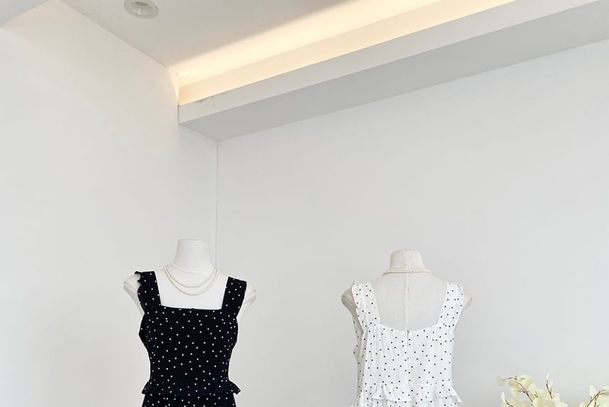 Thin Strap Polka Dot Print Ruffled Trim Maxi Gown