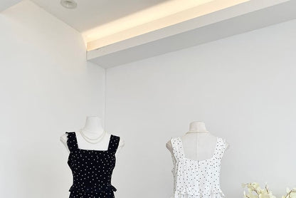 Thin Strap Polka Dot Print Ruffled Trim Maxi Gown
