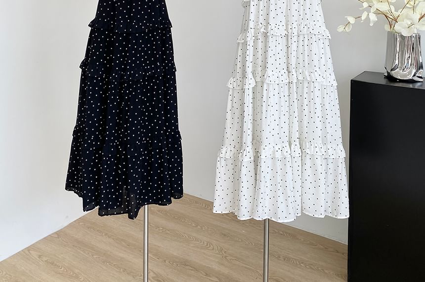 Thin Strap Polka Dot Print Ruffled Trim Maxi Gown
