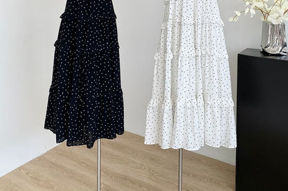 Thin Strap Polka Dot Print Ruffled Trim Maxi Gown