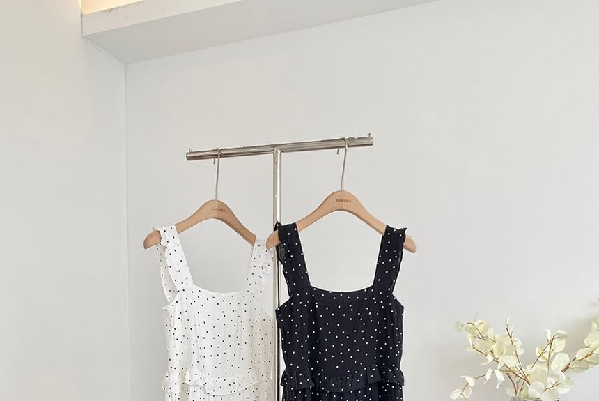 Thin Strap Polka Dot Print Ruffled Trim Maxi Gown
