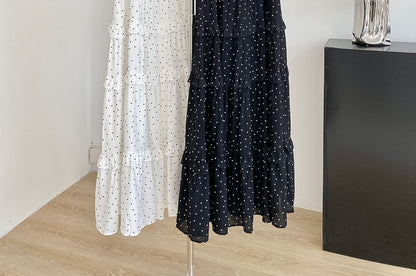 Thin Strap Polka Dot Print Ruffled Trim Maxi Gown