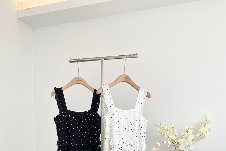 Thin Strap Polka Dot Print Ruffled Trim Maxi Gown