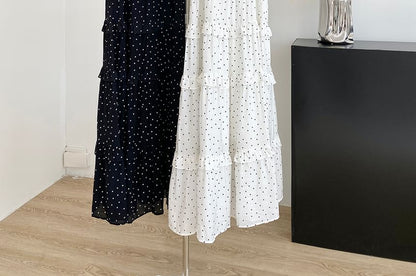 Thin Strap Polka Dot Print Ruffled Trim Maxi Gown