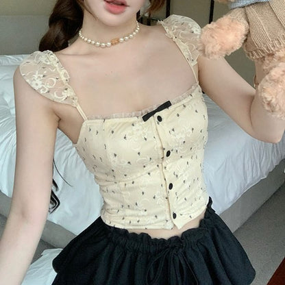 Floral Bow Lace Cropped Camisole Top