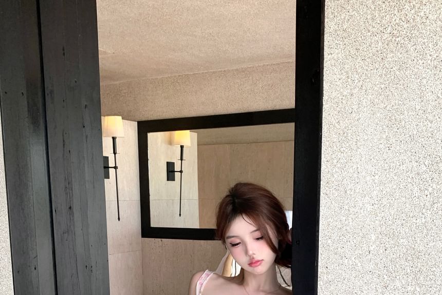 Floral Bow Print Mest Panel Ruffle Camisole Top / High Rise Patterned Lace Trim Mini Pencil Skirt