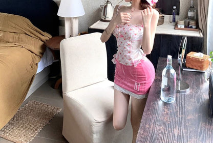 Floral Bow Print Mest Panel Ruffle Camisole Top / High Rise Patterned Lace Trim Mini Pencil Skirt