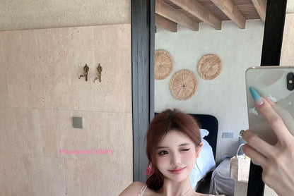 Floral Bow Print Mest Panel Ruffle Camisole Top / High Rise Patterned Lace Trim Mini Pencil Skirt