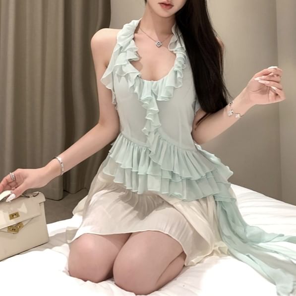 Scoop Neck Plain Ruffle Asymmetrical Halter Top / High Rise Mini A-Line Skirt