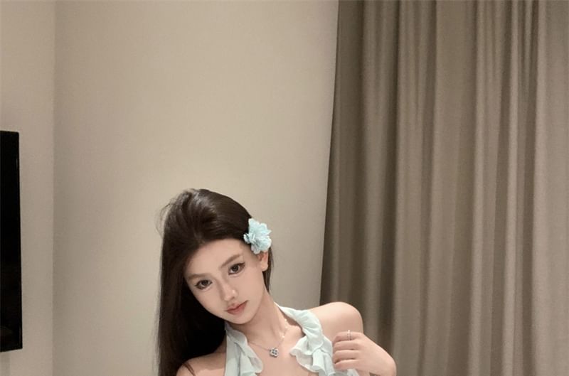 Scoop Neck Plain Ruffle Asymmetrical Halter Top / High Rise Mini A-Line Skirt