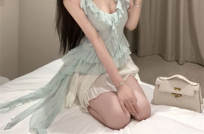 Scoop Neck Plain Ruffle Asymmetrical Halter Top / High Rise Mini A-Line Skirt