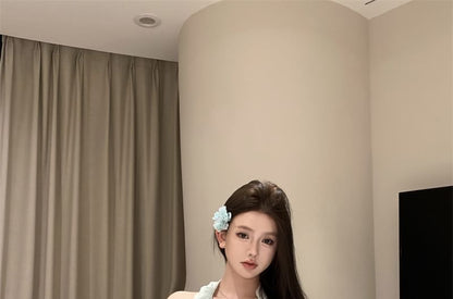 Scoop Neck Plain Ruffle Asymmetrical Halter Top / High Rise Mini A-Line Skirt