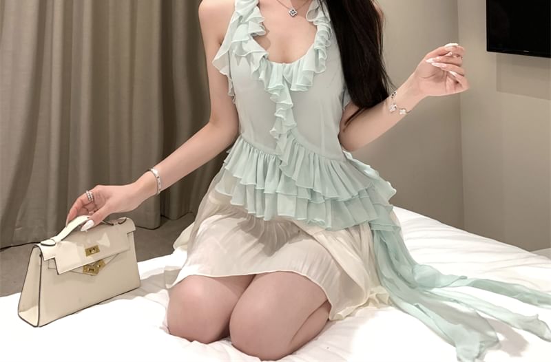 Scoop Neck Plain Ruffle Asymmetrical Halter Top / High Rise Mini A-Line Skirt