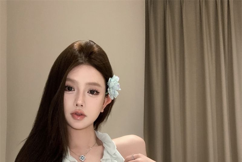 Scoop Neck Plain Ruffle Asymmetrical Halter Top / High Rise Mini A-Line Skirt