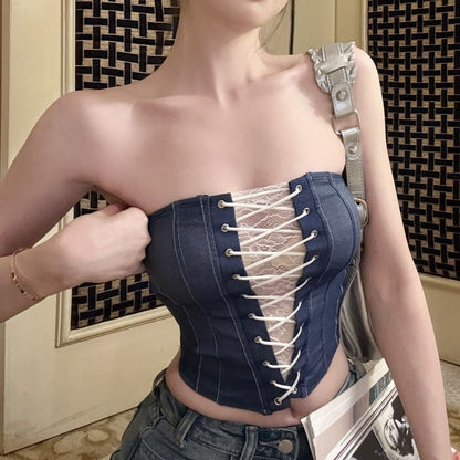 Striped Lace Panel Lace-Up Denim Tube Top