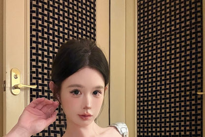 Striped Lace Panel Lace-Up Denim Tube Top