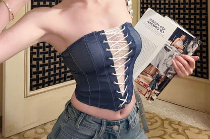 Striped Lace Panel Lace-Up Denim Tube Top