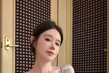 Striped Lace Panel Lace-Up Denim Tube Top