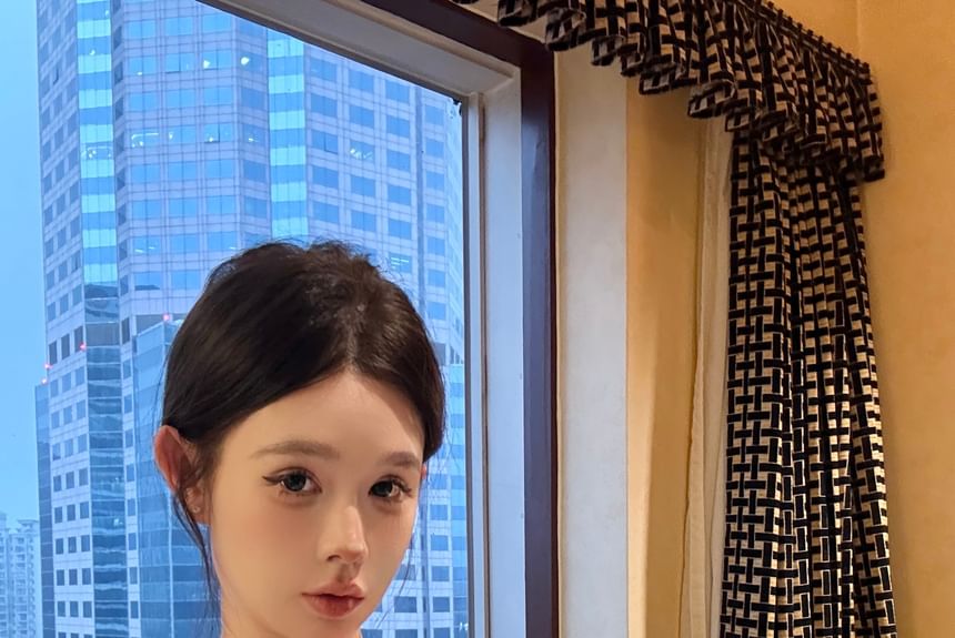 Striped Lace Panel Lace-Up Denim Tube Top