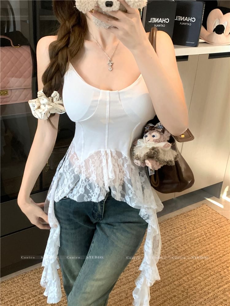 Scoop Neck Plain Lace Trim Asymmetrical Camisole Top