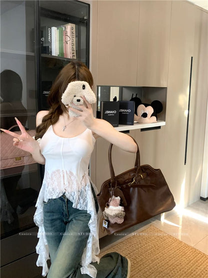 Scoop Neck Plain Lace Trim Asymmetrical Camisole Top