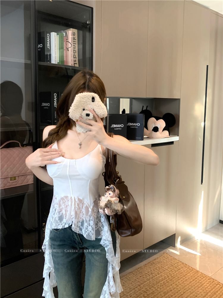 Scoop Neck Plain Lace Trim Asymmetrical Camisole Top