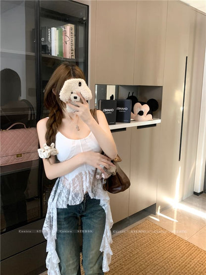 Scoop Neck Plain Lace Trim Asymmetrical Camisole Top