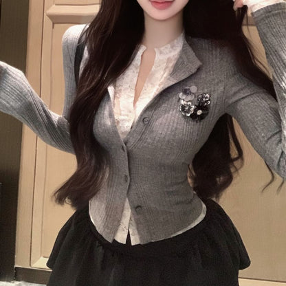 Plain Lace Trim Mock Two-Piece Ribbed Slim Fit Cardigan