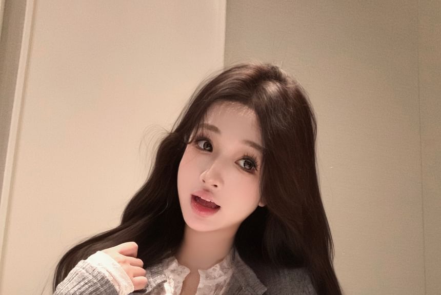 Plain Lace Trim Mock Two-Piece Ribbed Slim Fit Cardigan