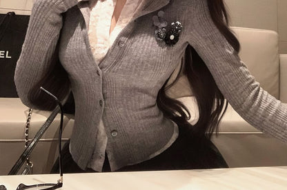 Plain Lace Trim Mock Two-Piece Ribbed Slim Fit Cardigan