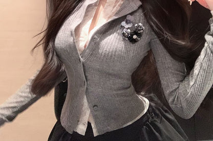 Plain Lace Trim Mock Two-Piece Ribbed Slim Fit Cardigan