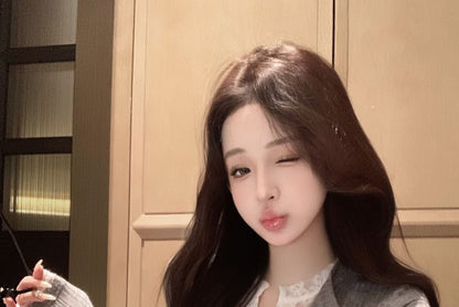 Plain Lace Trim Mock Two-Piece Ribbed Slim Fit Cardigan